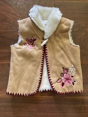 Kids Faux-Suede Floral Vest with Faux-Fur Trim - Tan & Pink